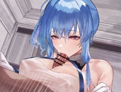 Rule 34 | 1boy, 1girl, azur lane, bar censor, bare shoulders, blue hair, breasts, censored, commentary request, cum, fellatio, gloves, hetero, highres, large breasts, looking at another, motion lines, oral, paizuri, paizuri under clothes, penis, precum, purple eyes, saliva, solo focus, st. louis (azur lane), suujiniku, upper body, white gloves