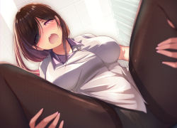 Rule 34 | 1girl, :o, black hair, black panties, black pantyhose, blush, breasts, ceiling, ceiling light, collared shirt, commentary request, dermar, eyes visible through hair, from below, grabbing own thigh, hair over eyes, highres, infirmary, large breasts, looking at viewer, m legs, medium breasts, mole, mole under mouth, nurse, open mouth, original, panties, panties under pantyhose, pantyhose, purple eyes, shirt, solo, spread legs, teeth, underwear, upper teeth only, white shirt