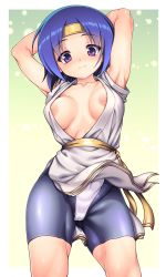 Rule 34 | 1girl, armpits, arms behind head, arms up, belt, bike shorts, blue hair, breasts, collarbone, commentary request, covered navel, from below, gluteal fold, gradient background, green background, groin, head tilt, headband, highleg, highleg panties, highres, legs apart, m.u.g.e.n, muscular, muscular female, nipples, no bra, ohgaki m, open clothes, open shirt, panties, panties over bike shorts, parted bangs, purple eyes, ryuuko no ken, shirt, short hair, shorts, sleeveless, sleeveless shirt, snk, solo, standing, the king of fighters, thighs, underwear, white background, white panties, white shirt, wind, wind lift, yellow headband, yuri sakazaki