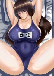 Rule 34 | 1girl, armpits, arms behind head, blush, breasts, brown eyes, brown hair, covered erect nipples, deshi2deshi, girls und panzer, highres, large breasts, long hair, looking at viewer, lying, mature female, nishizumi shiho, on back, one-piece swimsuit, school swimsuit, solo, spread legs, swimsuit