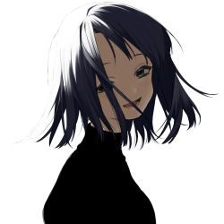 Rule 34 | 1girl, :d, black eyes, black hair, black shirt, blush, commentary request, flat color, from side, head tilt, highres, looking to the side, open mouth, original, shirt, short hair, simple background, smile, sogawa, solo, teeth, upper body, white background