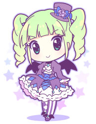 Rule 34 | 10s, 1girl, aikatsu!, aikatsu! (series), blonde hair, chibi, demon wings, dress, drill hair, flower, gradient hair, green hair, hat, looking at viewer, mirai (sugar), multicolored hair, outline, simple background, smile, solo, star (symbol), todo yurika, twin drills, twintails, white background, wings