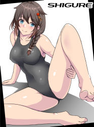 Rule 34 | 1girl, aga marino, ahoge, barefoot, black one-piece swimsuit, blue eyes, braid, breasts, brown hair, character name, collarbone, commentary request, competition swimsuit, grey one-piece swimsuit, hair flaps, hair ornament, hair over shoulder, kantai collection, looking at viewer, medium breasts, one-piece swimsuit, shadow, shigure (kancolle), shigure kai ni (kancolle), simple background, single braid, sitting, solo, spread legs, swimsuit, white background
