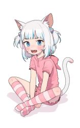 Rule 34 | 1girl, absurdres, animal ear fluff, animal ears, arms between legs, blue eyes, blue hair, blunt bangs, blush, cat ears, cat girl, cat tail, commentary, crossed legs, dot nose, english commentary, fangs, frilled shorts, frilled sleeves, frills, full body, gawr gura, hair ornament, highres, hololive, hololive english, hood, hood down, hooded shirt, looking at viewer, medium hair, multicolored clothes, multicolored hair, multicolored legwear, on floor, open mouth, opossumachine, pink shirt, pink shorts, pink socks, shark hair ornament, shirt, short sleeves, short twintails, shorts, simple background, sitting, socks, solo, straight hair, streaked hair, striped clothes, striped socks, tail, teeth, twintails, virtual youtuber, white background, white hair, white socks