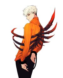 Rule 34 | 1boy, alternate color, arm at side, arm behind back, back, black pants, closed mouth, cowboy shot, cuffs, dark persona, eyelashes, grey background, highres, humanization, long sleeves, looking at viewer, looking back, male focus, orange eyes, orange sweater, pants, papyrus (undertale), profile, restrained, ribbed sweater, ribs, simple background, smile, smirk, solo, spine, sweater, turtleneck, underfell, undertale, white hair, yamtteng