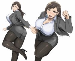 Rule 34 | 1girl, ass, black footwear, blush, breasts, cleavage, clenched hands, collared shirt, fighting stance, formal, grey skirt, high heels, large breasts, long hair, looking back, looking up, multiple views, office lady, open hands, open mouth, original, pantyhose, pencil skirt, shibusun, shirt, skirt, suit, white shirt