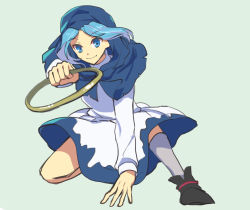 Rule 34 | 1girl, arm up, black footwear, blue dress, blue eyes, blue hair, blue sleeves, boots, closed mouth, dress, green background, hand up, hood, jewelry, kumoi ichirin, long sleeves, looking at viewer, nayozane (worker7), ring, short hair, simple background, smile, socks, solo, touhou, white dress, white sleeves, white socks