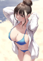 Rule 34 | 1girl, arms behind head, aya (jonsun), beach, bikini, blue bikini, breasts, brown eyes, brown hair, closed mouth, collarbone, commentary request, from above, hair bun, jacket, jonsun, large breasts, looking away, mole, mole on breast, navel, open clothes, open jacket, original, sand, short hair, sidelocks, single hair bun, smile, solo, swimsuit, twitter username, white jacket