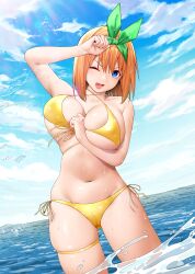 Rule 34 | 1girl, ;d, absurdres, bikini, blue eyes, blue sky, breasts, commentary request, criss-cross halter, front-tie bikini top, front-tie top, go-toubun no hanayome, green ribbon, hair between eyes, halterneck, highres, kosmos beta, large breasts, looking at viewer, medium hair, nakano yotsuba, navel, ocean, one eye closed, open mouth, orange hair, outdoors, partial commentary, ribbon, side-tie bikini bottom, sky, smile, solo, swimsuit, thigh strap, wading, yellow bikini