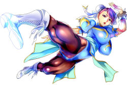 Rule 34 | 1girl, absurdres, bracelet, breasts, brown eyes, brown hair, bun cover, capcom, china dress, chinese clothes, chun-li, chun-li (cosplay), cosplay, double bun, dress, hair bun, highres, jewelry, judge (oekaki), large breasts, pantyhose, pelvic curtain, simple background, solo, spiked bracelet, spikes, street fighter, thick thighs, thighs, white background