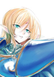 Rule 34 | 1girl, armor, blonde hair, circlet, deedlit, elf, green eyes, long hair, open mouth, pointy ears, record of lodoss war, shoulder armor, simple background, smile, solo, tukiwani, white background