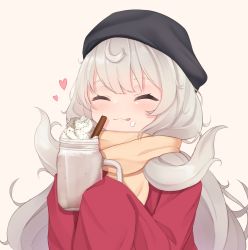 Rule 34 | 1girl, ^ ^, beanie, beige background, black hat, closed eyes, coffee, commentary, cup, english commentary, eyebrows hidden by hair, foam, hat, heart, highres, holding, holding cup, long hair, meemo, nijisanji, nijisanji en, platinum blonde hair, portrait, red sweater, reimu endou, smile, solo, sweater, very long hair, virtual youtuber, yellow sweater
