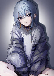 Rule 34 | 1girl, absurdres, mismatched earrings, bare legs, blue eyes, blue hair, butterfly sitting, choker, collar, converse, cowboy shot, earrings, expressionless, grey background, hair between eyes, hair down, head tilt, highres, hololive, hoshimachi suisei, jacket, jewelry, light blue hair, long sleeves, looking at viewer, medium hair, mirai99, off shoulder, parted lips, partially unzipped, shirt, sitting, solo, star (symbol), star earrings, star in eye, symbol in eye, virtual youtuber, white shirt