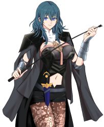 Rule 34 | 1girl, absurdres, armor, black armor, black cape, black shirt, black shorts, blouse, blue eyes, blue hair, breasts, brown pantyhose, byleth (female) (fire emblem), byleth (fire emblem), cape, cleavage, closed mouth, clothing cutout, commentary, cowboy shot, crop top, dagger, emblem, fire emblem, fire emblem: three houses, hair between eyes, highres, holding, holding riding crop, knife, lace, lace-trimmed legwear, lace trim, large breasts, long hair, looking at viewer, margherita (nwrh8858), navel, navel cutout, nintendo, pantyhose, pantyhose under shorts, patterned clothing, print pantyhose, riding crop, sheath, sheathed, shirt, short shorts, shorts, shoulder armor, sidelocks, simple background, smile, solo, standing, vambraces, weapon, white background