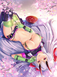 Rule 34 | 1girl, absurdres, bikini, blush, boots, breasts, cosplay, covered erect nipples, fate/grand order, fate (series), florence nightingale (fate), florence nightingale (fate) (cosplay), florence nightingale (trick or treatment) (fate), florence nightingale (trick or treatment) (fate) (cosplay), garter straps, gloves, green gloves, green thighhighs, grey hair, hair between eyes, highres, large breasts, long hair, looking at viewer, miniskirt, navel, official alternate costume, open mouth, ponytail, pussy juice, red eyes, sannio, skirt, slit pupils, solo, swimsuit, thigh boots, thighhighs, tomoe gozen (fate)
