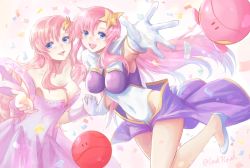 Rule 34 | 2girls, :d, blue eyes, blush, breasts, breasts apart, cape, cleavage, covered navel, detached sleeves, dress, gloves, gradient hair, gundam, gundam seed, gundam seed destiny, hair between eyes, hair ornament, holding hands, interlocked fingers, lacus clyne, leotard, long hair, long sleeves, looking at viewer, medium breasts, meer campbell, multicolored hair, multiple girls, open mouth, outstretched arm, pink dress, pink hair, pink sleeves, purple cape, silver hair, sleeveless, sleeveless dress, smile, star (symbol), star hair ornament, strapless, strapless dress, two-tone hair, very long hair, waist cape, white gloves, white leotard, yuuka seisen