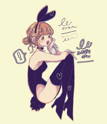 Rule 34 | !, 1girl, animal ear hairband, animal ears, black choker, black thighhighs, blush, brown eyes, brown hair, choker, fake animal ears, full body, hair bun, hairband, heart, highres, leotard, nordic50425, open mouth, original, playboy bunny, rabbit ear hairband, rabbit ears, short hair, simple background, solo, spoken exclamation mark, thighhighs, translation request, wrist cuffs