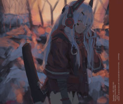 Rule 34 | 1girl, bare tree, closed mouth, hair ornament, hairclip, hand in own hair, highres, hood, hood down, hooded jacket, jacket, last853, long hair, looking at viewer, lucia: crimson abyss (punishing: gray raven), outdoors, painterly, punishing: gray raven, red eyes, red jacket, scabbard, sheath, sheathed, sleeves rolled up, solo, sunset, torn, torn clothes, torn jacket, tree, white hair