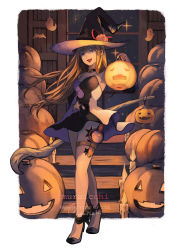 Rule 34 | 1girl, brown hair, candle, choker, detached sleeves, dress, halloween, hat, high heels, holding, holding staff, jack-o&#039;-lantern, long hair, looking at viewer, muraicchi (momocchi), open mouth, original, pumpkin, purple eyes, solo, staff, strapless, strapless dress, thigh strap, witch hat