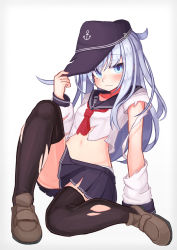 Rule 34 | 1girl, anchor, anchor symbol, black thighhighs, blue eyes, blush, breasts, brown footwear, closed mouth, flat cap, full body, grey background, hat, hibiki (kancolle), highres, kantai collection, long hair, long sleeves, navel, red neckwear, reitou mikan, sailor collar, school uniform, serafuku, silver hair, simple background, skirt, small breasts, solo, thighhighs, torn clothes, torn skirt, torn thighhighs, wavy mouth