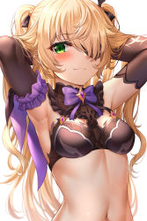 Rule 34 | 1girl, :3, absurdres, adapted costume, armpits, arms behind head, arms up, bare shoulders, bikini, black bikini, blonde hair, bow, bowtie, breasts, brooch, detached sleeves, eyepatch, fischl (genshin impact), frills, genshin impact, green eyes, hair over one eye, hair ribbon, highres, jewelry, long hair, long sleeves, looking at viewer, medium breasts, navel, ribbon, simple background, smile, solo, stomach, sunhyun, swimsuit, two side up, upper body, white background