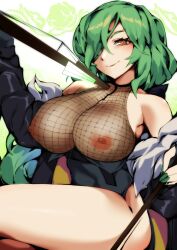 Rule 34 | 1girl, alternate costume, bare shoulders, breasts, caleana, closed mouth, commentary, commission, english commentary, fishnet top, fishnets, green hair, hair over one eye, highres, kazami yuuka, large breasts, looking at viewer, nipples, red eyes, short hair, smile, solo, thighs, touhou