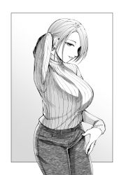 Rule 34 | 1girl, absurdres, arm up, breasts, denim, earrings, greyscale, highres, jeans, jewelry, kyuuso inukami, large breasts, monochrome, original, pants, short hair, simple background, solo, sweater, turtleneck, turtleneck sweater