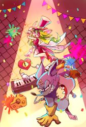 Rule 34 | 1girl, 2boys, animal ears, breasts, buttoned cuffs, buttons, cheese, food, green hair, hat, heart (mad rat dead), highres, instrument, keyboard (instrument), leotard, mad rat, mad rat dead, mouse (animal), mouse ears, mouse girl, mouse tail, multiple boys, nippon ichi, rat god, red eyes, ribs, tail, top hat, wings, wrist cuffs