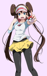 Rule 34 | 1girl, :d, black pantyhose, blue eyes, blue sleeves, blush, bow, breasts, brown hair, clenched hand, collarbone, commentary, cowboy shot, creatures (company), double bun, game freak, hair between eyes, hair bun, hand up, hat, highres, holding, holding poke ball, large breasts, long hair, looking at viewer, midriff peek, nintendo, open mouth, pantyhose, pantyhose under shorts, pink background, pink bow, poke ball, poke ball (basic), poke ball print, pokemon, pokemon bw2, raglan sleeves, rosa (pokemon), shirt, short shorts, shorts, sidelocks, simple background, smile, solo, standing, teeth, tsukishiro saika, twintails, upper teeth only, very long hair, visor cap, watch, white shirt, wristwatch, yellow shorts