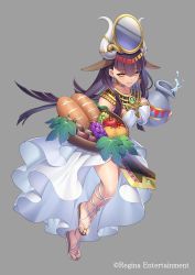 Rule 34 | 1girl, apple, bare shoulders, black hair, bread, breasts, cherry, collarbone, commentary request, dress, egyptian clothes, food, fruit, grey background, hair ornament, highres, holding, holding staff, horns, large breasts, leaf, long hair, mirror, official art, onion, orange (fruit), original, sandals, simple background, smile, solo, staff, takamiya ren, water, white dress, yellow eyes