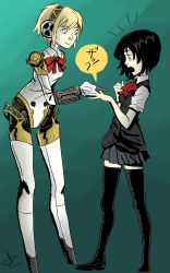 Rule 34 | 10s, 2girls, aegis (persona), android, another, black hair, crossover, drawfag, highres, joints, misaki mei, multiple girls, open mouth, persona, persona 3, robot joints, school uniform, short hair, skirt, source request, tagme, translation request