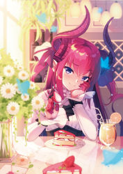Rule 34 | 10s, 1girl, absurdres, bendy straw, blurry, blurry foreground, blush, bottle, bug, butterfly, cake, ceiling light, closed mouth, commentary request, corset, crossed bangs, cup, curled horns, day, depth of field, dragon girl, dragon horns, drinking glass, drinking straw, elizabeth bathory (fate), elizabeth bathory (fate/extra ccc), elizabeth bathory (second ascension) (fate), fate/extra, fate/extra ccc, fate (series), flower, food, fork, fruit, hair between eyes, hair ribbon, head rest, head tilt, highres, holding, holding fork, horns, incoming food, indoors, insect, light particles, long hair, long sleeves, looking at viewer, natsu97, orange (fruit), orange slice, pink hair, plate, pointy ears, purple eyes, purple ribbon, raised eyebrow, reflection, ribbon, shirt, sidelocks, smile, smug, solo, strawberry, sunlight, table, two side up, vase, white flower, white shirt, window, wine bottle