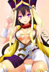 Rule 34 | 1girl, beads, bikini, breasts, brown hair, cleavage, collarbone, earrings, fate/grand order, fate (series), hat, jewelry, long hair, prayer beads, purple eyes, sen (astronomy), solo, swimsuit, underwear, v, xuangzang sanzang (fate)