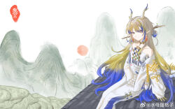 Rule 34 | 1girl, arknights, bare shoulders, beads, blonde hair, blue eyes, blue hair, brown hair, chinese commentary, closed mouth, commentary request, earrings, feet out of frame, grey hair, hair intakes, highres, jacket, jewelry, light smile, long hair, long sleeves, looking at viewer, mountain, multicolored hair, necklace, off shoulder, open clothes, open jacket, orange pupils, outdoors, pants, pointy ears, red sun, shu (arknights), shuimu mao gezi, sitting, sketch, sleeves past wrists, solo, strapless, tube top, very long hair, watermark, weibo logo, weibo watermark, white jacket, white pants, white tube top, yellow eyes