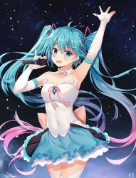 Rule 34 | 1girl, ahoge, aqua eyes, aqua hair, arm up, collar, covered navel, cowboy shot, elbow gloves, fingerless gloves, gloves, gradient hair, hatsune miku, long hair, looking at viewer, microphone, multicolored hair, open mouth, pink hair, pinky out, skirt, sky, solo, star (sky), starry sky, thighhighs, twintails, very long hair, vocaloid, white gloves