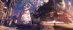 Rule 34 | 1boy, 1girl, artist name, bangle, bare shoulders, beard, blonde hair, blue eyes, bracelet, building, choker, cloud, cowboy western, dress, earrings, elbow gloves, facial hair, frills, gathers, gloves, gown, hair bun, hand on own chest, hat, highres, jewelry, light smile, locomotive, long dress, long hair, luggage, mustache, necklace, old, old man, original, outdoors, pindleskin, puffy sleeves, shading eyes, short hair, sign, silver hair, single hair bun, sky, smile, smoking pipe, standing, steam, sticker, strapless, strapless dress, suitcase, sunlight, sunset, train, train station, water tower, white dress
