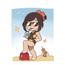 Rule 34 | 1girl, alternate costume, bare arms, barefoot, beach, brown hair, bucket, closed mouth, commentary, creatures (company), cup, day, drinking, drinking straw, flower, game freak, gen 7 pokemon, glass, hair flower, hair ornament, holding, holding cup, medium hair, nintendo, one-piece swimsuit, outdoors, pokemon, pokemon (creature), pokemon sm, sand, sandygast, selene (pokemon), smile, sparkle, ssalbulre, standing, swimsuit, tan, tanline, toes