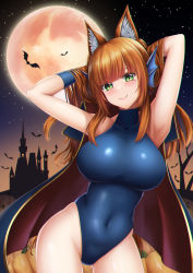 Rule 34 | 1girl, animal ears, armpits, arms behind head, arms up, bat (animal), blue gloves, blue leotard, blunt bangs, blush, breasts, cape, castle, chromatic aberration, contrapposto, covered collarbone, covered navel, cowboy shot, fox ears, fox girl, full moon, gloves, gluteal fold, green eyes, hair lift, halloween, heattech leotard, highleg, highleg leotard, highres, huge moon, large breasts, leotard, long hair, looking at viewer, misaki rin, mole, mole under eye, moon, night, orange hair, original, outdoors, pumpkin, shiny clothes, sidelocks, sky, sleeveless, smile, solo, standing, star (sky), starry sky, taut clothes, taut leotard, turtleneck