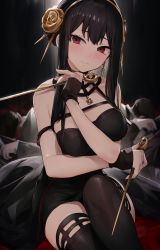 Rule 34 | 1girl, absurdres, bare shoulders, black dress, black gloves, black hair, blush, breasts, cleavage, dress, earrings, fingerless gloves, gloves, gold hairband, hairband, highres, holding, holding weapon, jewelry, large breasts, long hair, neonbeat, red eyes, sidelocks, solo, spy x family, weapon, yor briar