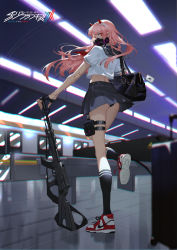 Rule 34 | 1girl, absurdres, ass, assault rifle, bag, black panties, black socks, blouse, blurry, chromatic aberration, copyright name, darling in the franxx, depth of field, fingerless gloves, from below, full body, gas mask, gloves, gun, highres, holding, holding gun, holding weapon, horns, id card, indoors, joints, kneehighs, long hair, looking back, mask, mechanical arms, midriff, miniskirt, necktie, panties, pantyshot, pink hair, plaid, plaid skirt, red eyes, red horns, red necktie, rifle, robot joints, rolling suitcase, sailor collar, school uniform, shirt, shoes, short sleeves, shoulder bag, single mechanical arm, skirt, sneakers, socks, solo, standing, standing on one leg, subway, subway station, suitcase, thigh strap, train, underwear, weapon, white shirt, zero two (darling in the franxx), zhongfeng lee