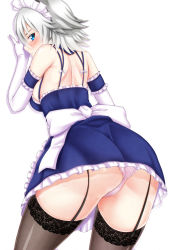 Rule 34 | 1girl, against wall, apron, ass, blue eyes, blush, bow, breasts, dress, ebi 193, elbow gloves, from behind, garter straps, gloves, izayoi sakuya, lace, lace-trimmed legwear, lace trim, large breasts, looking at viewer, looking back, maid, maid apron, maid headdress, md5 mismatch, microskirt, panties, pantyshot, pink panties, sash, short hair, sideboob, silver hair, skirt, solo, thighhighs, thighs, touhou, underwear, upskirt