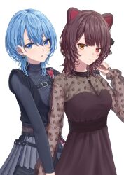 2girls absurdres animal_ears black_hair blue_eyes blue_hair blue_nails breasts cleavage dog_ears dog_girl dress earrings hair_between_eyes heterochromia highres hololive hoshimachi_suisei hoshimachi_suisei_(shout_in_crisis) inui_toko inui_toko_(5th_costume) jewelry looking_at_viewer multiple_girls nail_polish necklace nijisanji parted_lips red_eyes red_nails see-through_clothes see-through_cleavage see-through_sleeves short_hair simoumi_217 simple_background virtual_youtuber white_background yellow_eyes