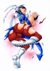Rule 34 | 1girl, ass, bad id, bad pixiv id, black eyes, black hair, boots, breasts, capcom, china dress, chinese clothes, chun-li, dress, highres, hip focus, huge ass, huge breasts, joushima, pantyhose, pelvic curtain, solo, street fighter, torn clothes, torn pantyhose, traditional media, wide hips