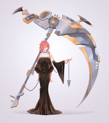 Rule 34 | 1girl, bare shoulders, black dress, black sleeves, blue eyes, chain, collarbone, commentary, dart, detached sleeves, dress, full body, gold trim, head tilt, highres, holding, holding weapon, huge weapon, long hair, looking at viewer, mechanical arms, megurine luka, neriw, oversized object, pink hair, scythe, shoulder tattoo, single mechanical arm, solo, standing, tattoo, vocaloid, weapon, wide sleeves