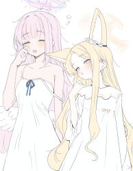 Rule 34 | 2girls, angel wings, animal ear fluff, animal ears, blonde hair, blue archive, blush, camisole, closed eyes, collarbone, extra ears, feathered wings, fox ears, halo, highres, long hair, mika (blue archive), multiple girls, open mouth, pajamas, pink hair, pink halo, ran (bearsoymilk), seia (blue archive), simple background, white background, white camisole, white pajamas, white wings, wings, yellow eyes, yellow halo