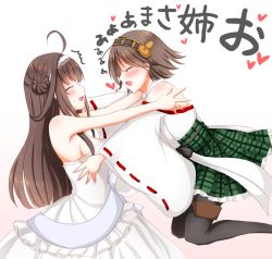 Rule 34 | 10s, 2girls, bare shoulders, black legwear, breasts, brown hair, choker, cleavage, detached sleeves, double bun, dress, closed eyes, flower, hairband, headgear, hiei (kancolle), japanese clothes, jumping, kantai collection, kongou (kancolle), long hair, multiple girls, nontraditional miko, open mouth, pantyhose, personification, plaid, rose, short hair, skirt, smile, sotogawa max, thighhighs, translation request, wedding dress, white rose