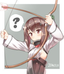 Rule 34 | 10s, 1girl, ?, alternate weapon, armor, arrow (projectile), blush, bow (weapon), brown eyes, brown hair, dated, drawing bow, flat chest, headband, headgear, holding bow (weapon), kantai collection, personification, short hair, skirt, solo, sweatdrop, taihou (kancolle), takasaka donten, weapon, you&#039;re doing it wrong