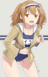 Rule 34 | 1girl, alternate sleeve length, blue one-piece swimsuit, brown eyes, brown jacket, grey background, hairband, i-26 (kancolle), jacket, kantai collection, kawashina (momen silicon), leaning forward, light brown hair, long hair, name tag, new school swimsuit, one-piece swimsuit, sailor collar, school swimsuit, smile, solo, swimsuit, swimsuit under clothes, two-tone background, two-tone hairband, two side up, white sailor collar