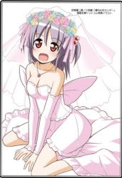 Rule 34 | 1girl, bare shoulders, breasts, bridal veil, bride, cleavage, collarbone, flower, hair ornament, hayate no gotoku!, medium breasts, necklace, open mouth, purple hair, red eyes, segawa izumi, short hair, short twintails, smile, solo, twintails, veil, wedding dress
