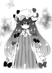 Rule 34 | ..., 1girl, bow, breasts, commentary request, cowboy shot, crescent, crescent hat ornament, dress, greyscale, hair bow, hat, hat ornament, hat ribbon, highres, large breasts, long hair, long sleeves, mob cap, monochrome, patchouli knowledge, ribbon, see-through silhouette, solo, spoken ellipsis, striped clothes, striped dress, tanasuke, touhou, very long hair, white background, wide hips